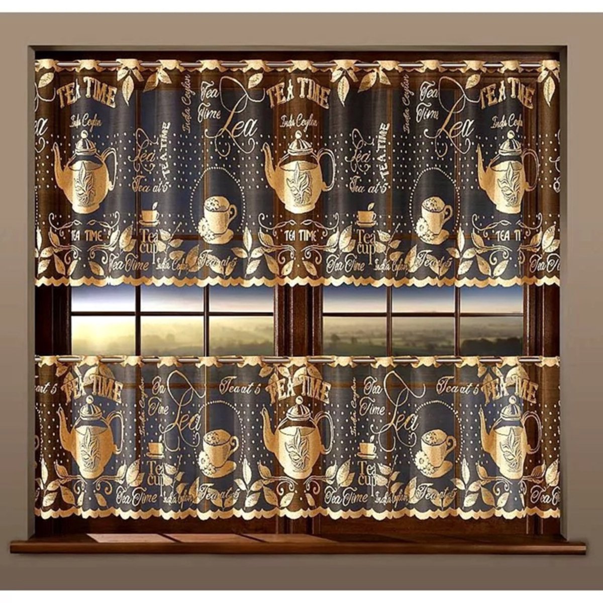 Wisan - Tea - Jacquard vitrage 200 x 90 cm - Gordijnen - Curtains - Jacquardgordijnen- Kleuring van diepe aarde met gouden patroon- 200 x 90 cm