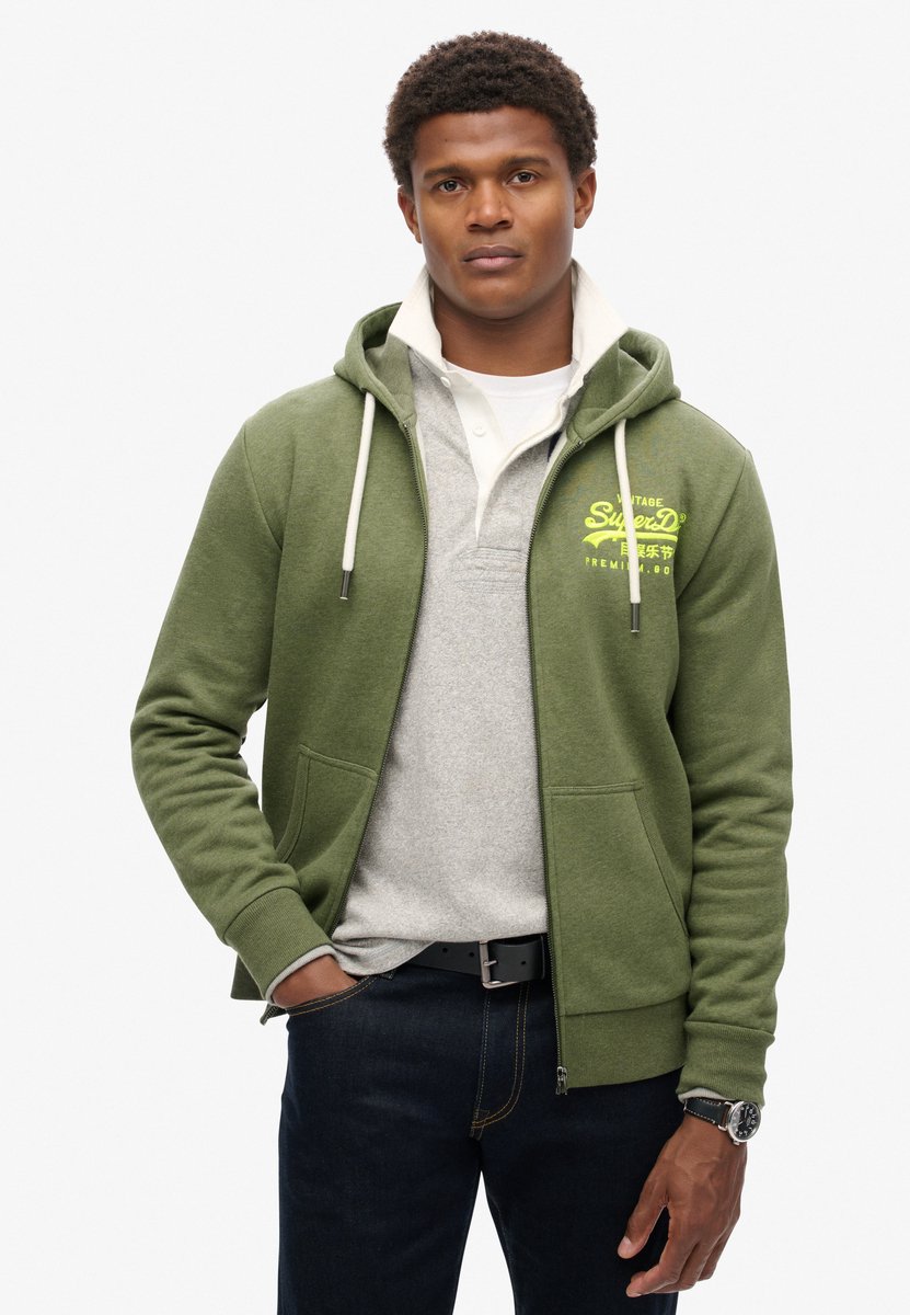 Superdry Hoodie met neonprint en vintage logo Heren Hoodies Olijf