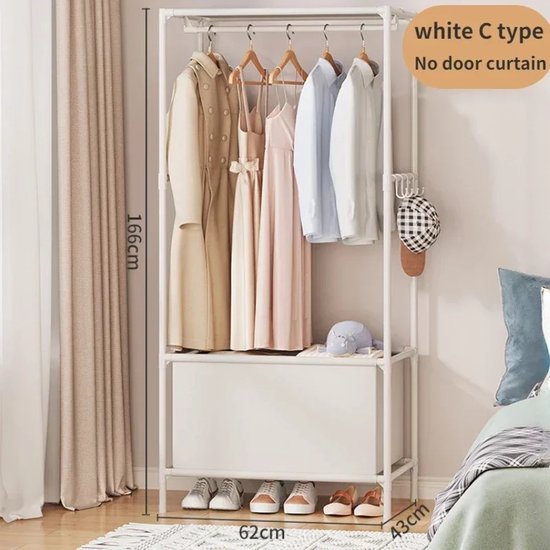 Witte kledingkast type C, 166cm hoog, 62cm breed, 43cm diep, zonder deur gordijn, met legplanken en schoenenopslag.