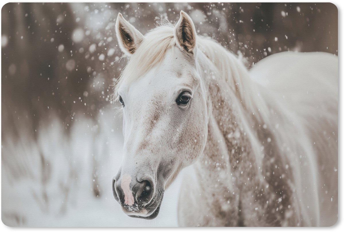 Muismat XXL 120x80 cm - Bureau onderlegger - Bureau mat Paard - Wit - Winter - Natuur - Sneeuw - Dieren - Bureaumat - Gaming mousepad xl - Bureaulegger groot - Computer deskmat