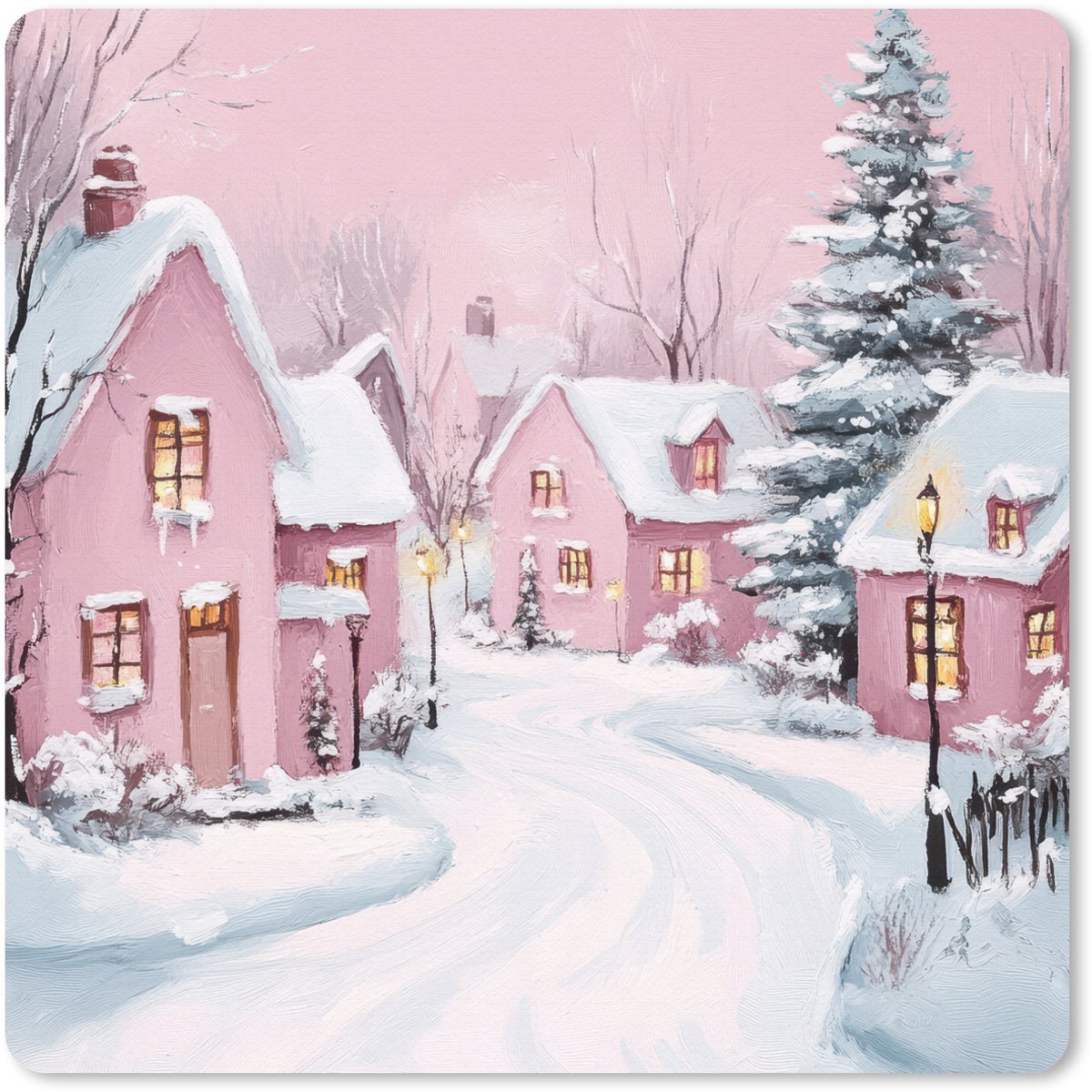 Muismat 30x30 cm - Mousepad Kerstdorp - Roze - Winter - Sneeuw - Huizen - Muismatten