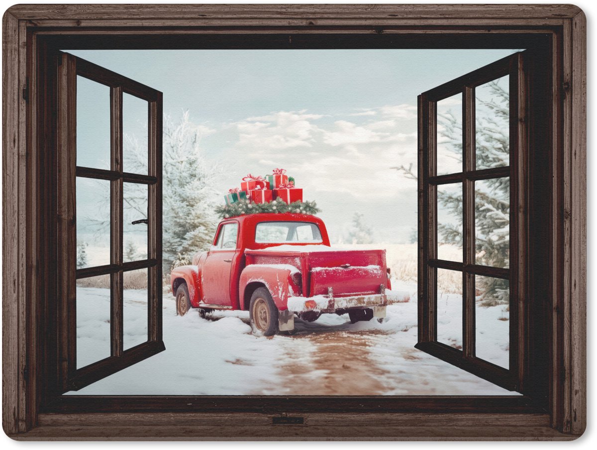 Muismat 23x19 cm - Mousepad Doorkijk - Auto - Rood - Cadeaus - Winterlandschap - Kerst - Muismatten