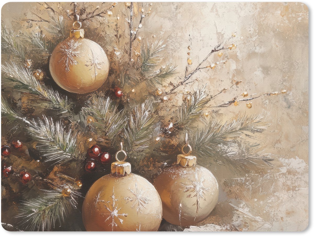 Muismat 23x19 cm - Mousepad Kerst - Kerstballen - Beige - Goud - Muismatten