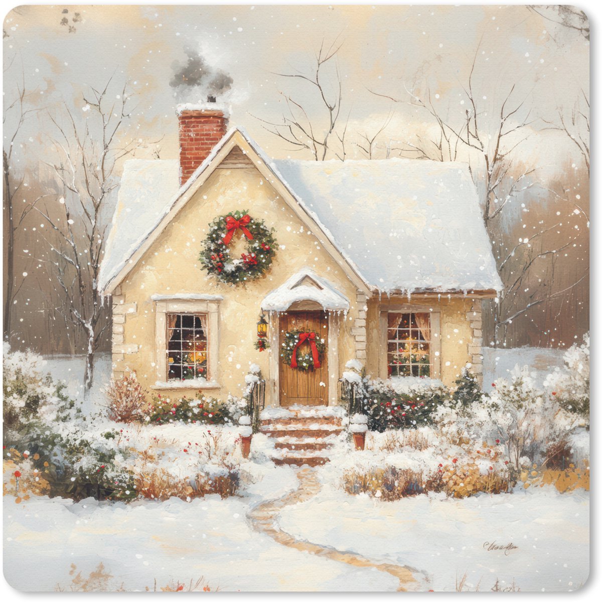 Muismat 20x20 cm - Mousepad Kerst - Huis - Winter - Sneeuw - Muismatten
