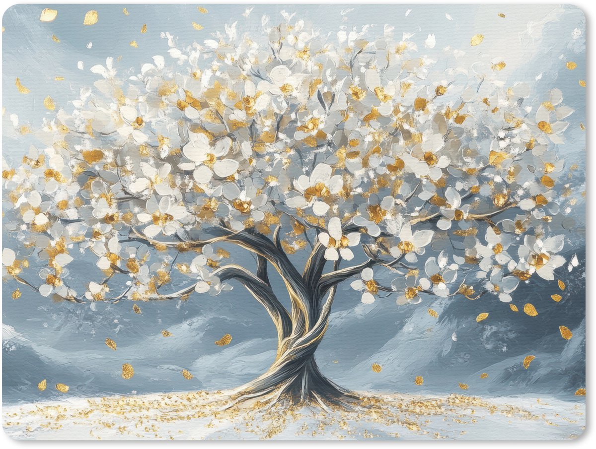 Muismat 23x19 cm - Mousepad Boom - Winter - Levensboom - Modern - Goud - Muismatten