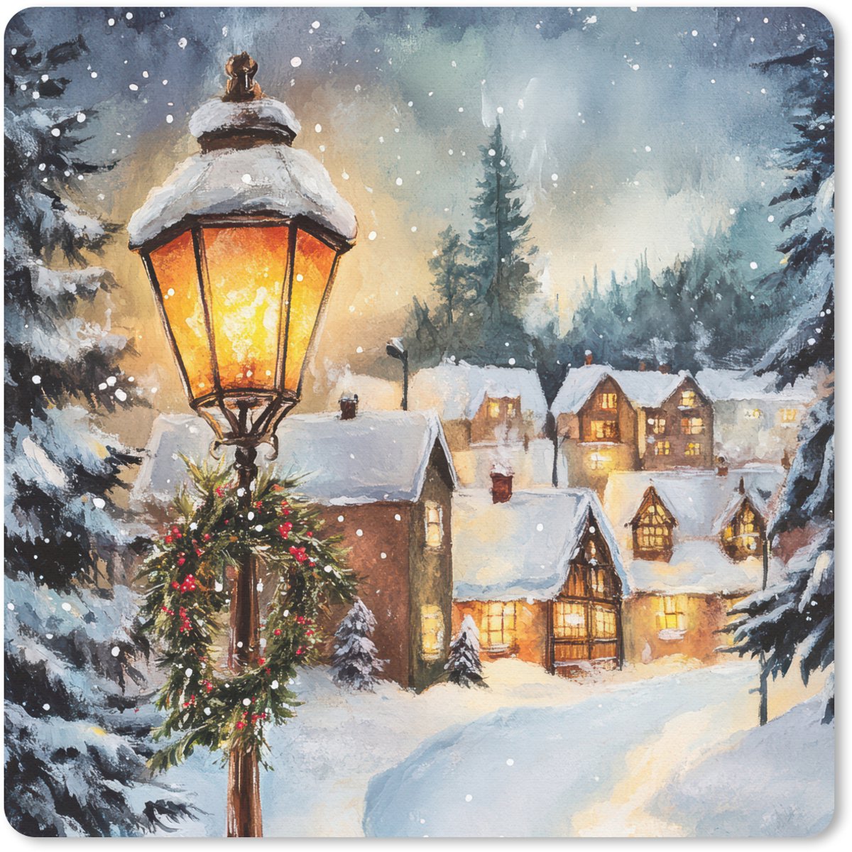Muismat 30x30 cm - Mousepad Kerstdorp - Huizen - Sneeuw - Kerst - Muismatten
