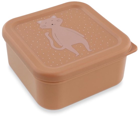 Bruine snackbox met een staande kattenfiguur en witte spikkels op het deksel.