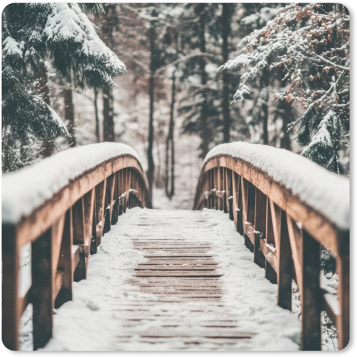 Muismat 30x30 cm - Mousepad Brug - Winterlandschap - Bos - Natuur - Sneeuw - Muismatten