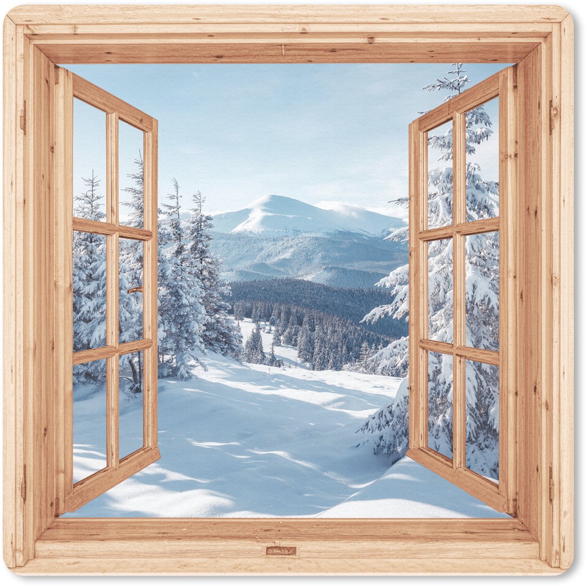 Muismat 20x20 cm - Mousepad Doorkijk - Winterlandschap - Natuur - Berg - Bomen - Hout - Muismatten