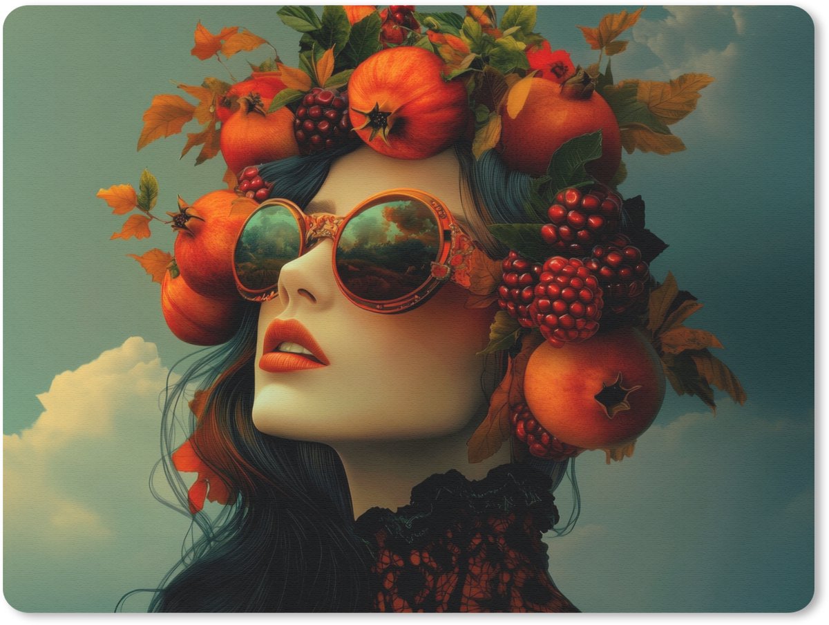 Muismat 23x19 cm - Mousepad Vrouw - Granaatappel - Herfst - Zonnebril - Muismatten