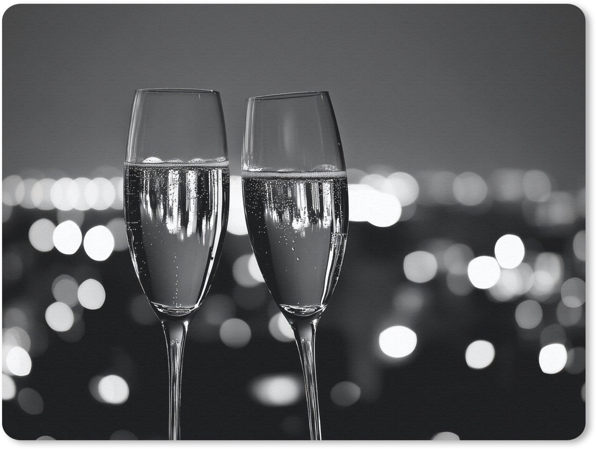 Muismat 23x19 cm - Mousepad Bubbels - Proosten - Champagneglazen - Stadslichten - Muismatten