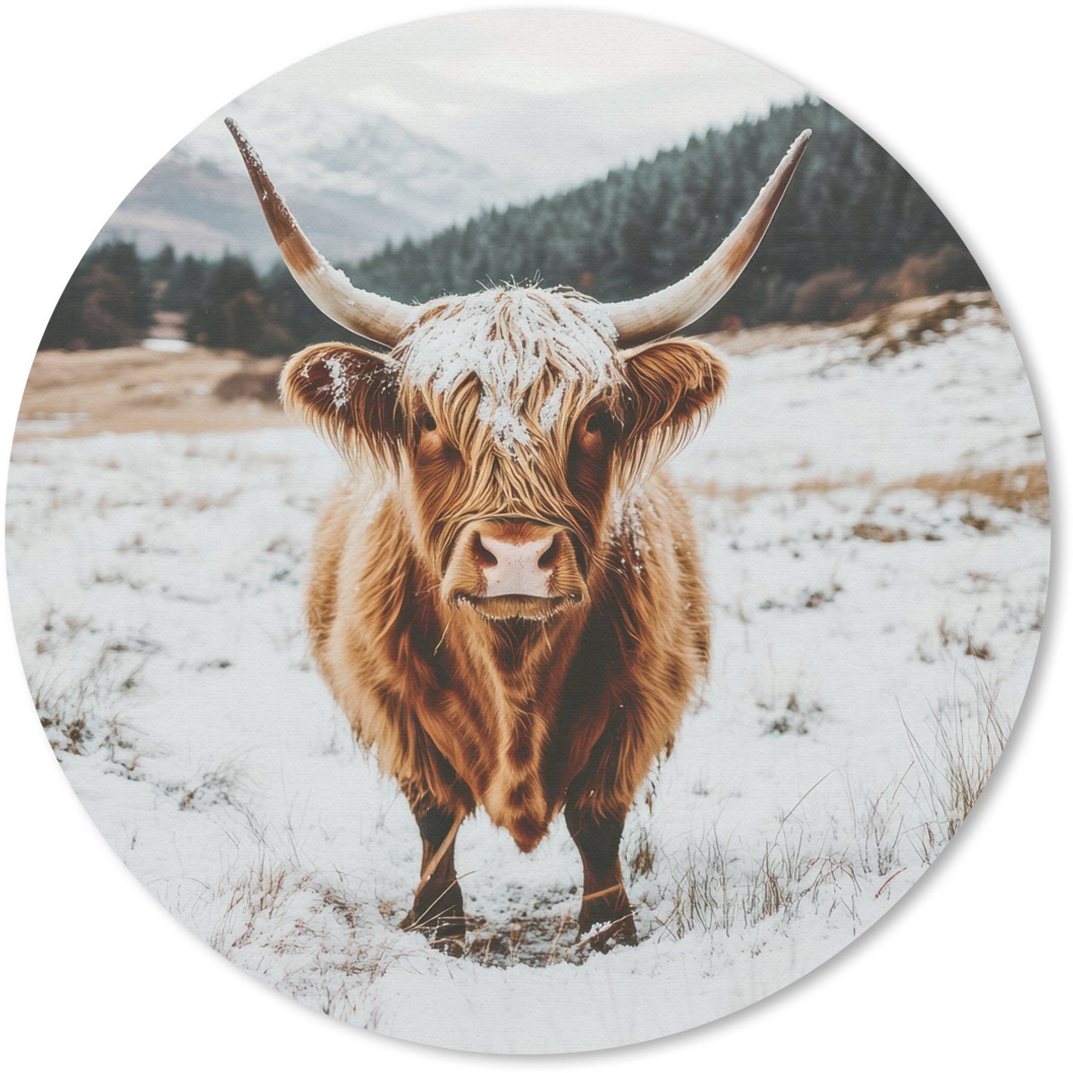 Muismat rond 20x20 cm - Mousepad Schotse Hooglander - Landschap - Sneeuw - Bergen - Winter - Ronde muismatten