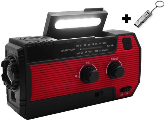 Noodradio Solar Opwindbaar en Batterij - Inclusief Noodfluitje - Noodpakket - Draagbare Survival Radio - 4000 mAh - Powerbank Zonneenergie - Bouwradio - Zaklamp – Rood