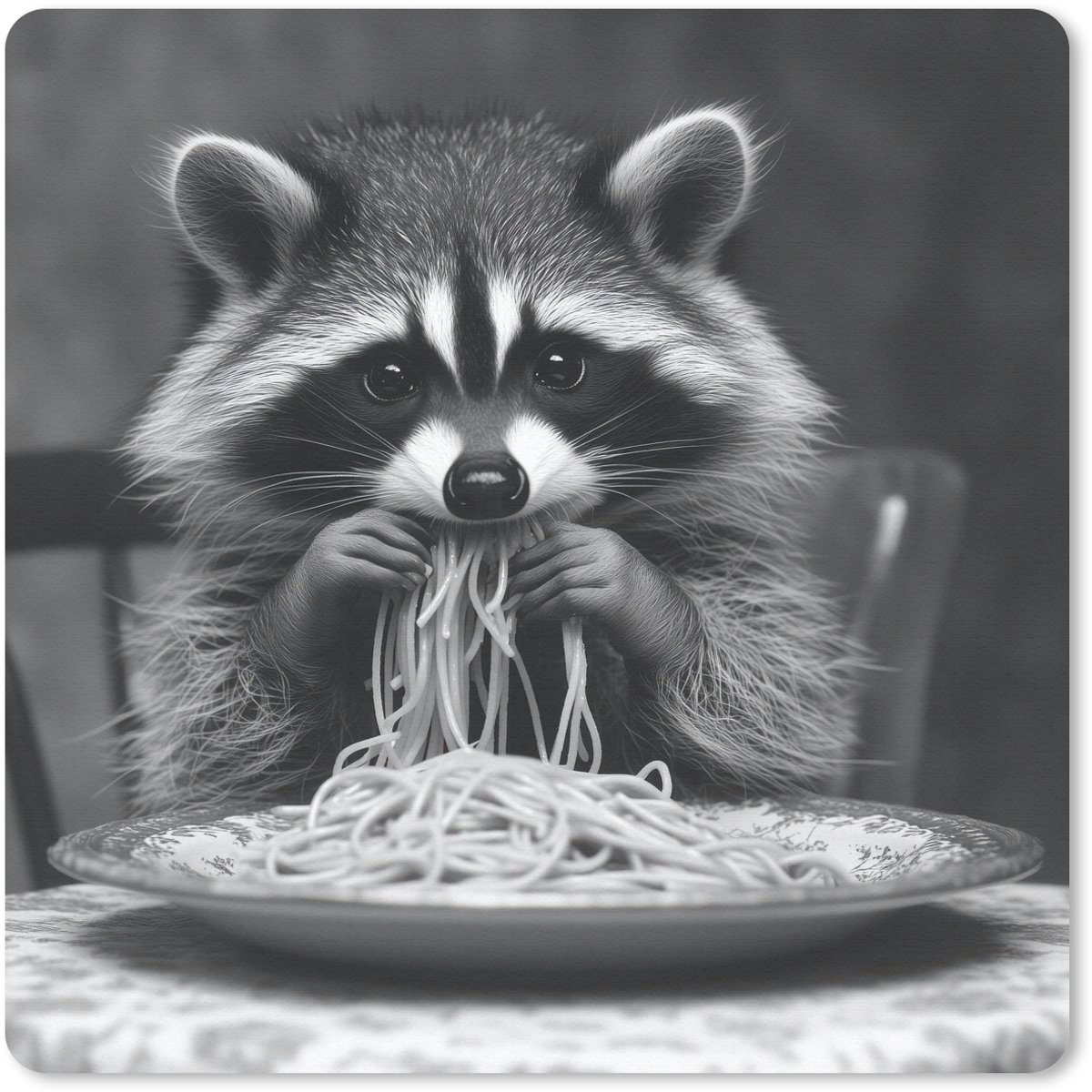 Muismat 30x30 cm - Mousepad Wasbeer - Cute - Pasta - Tafelkleed - Zwart - Wit - Muismatten