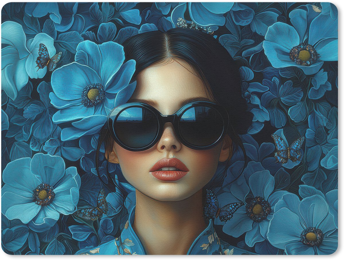 Muismat 23x19 cm - Mousepad Vrouw - Bloemen - Blauw - Aesthetic - Luxe - Muismatten