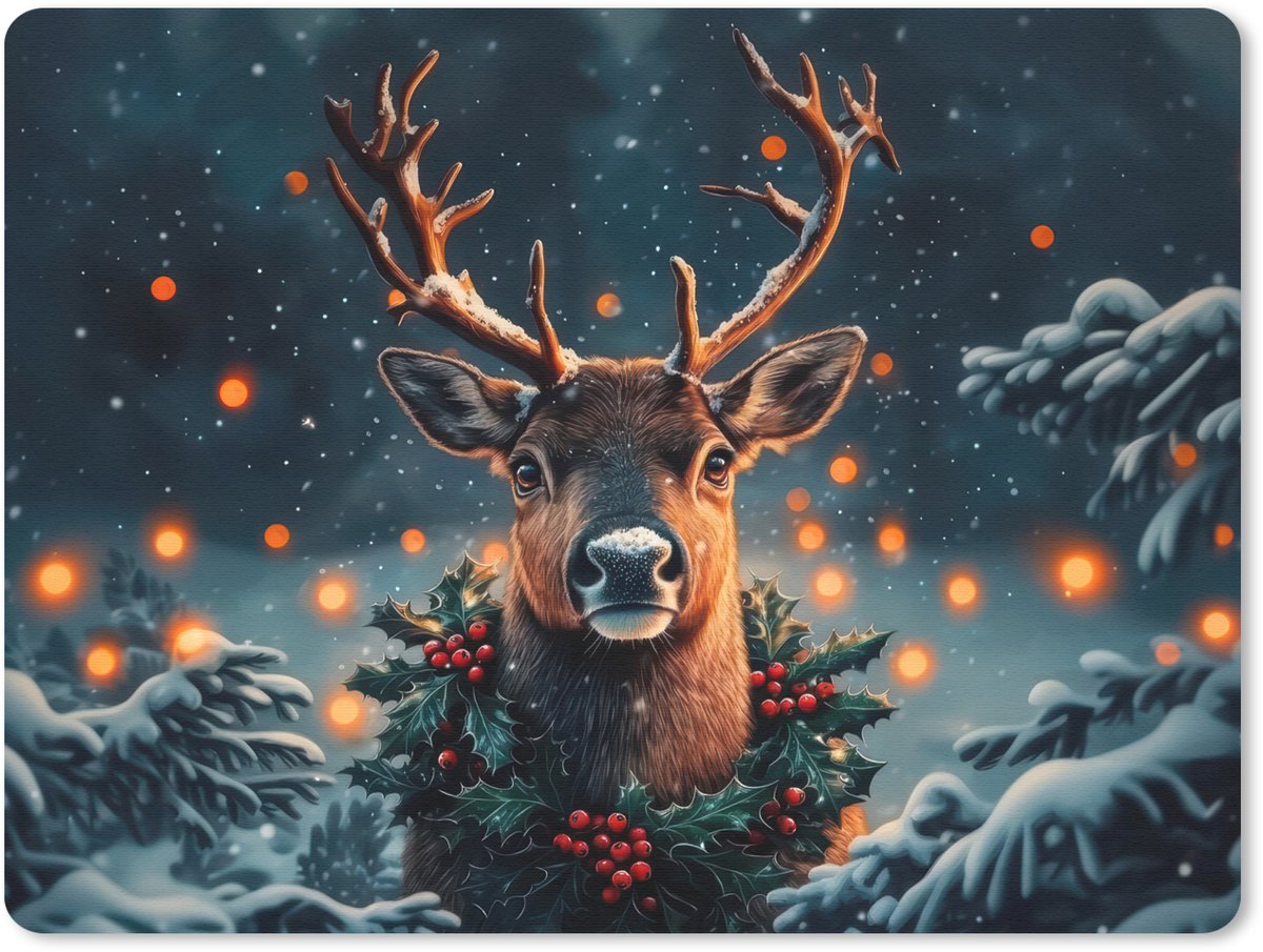 Muismat 23x19 cm - Mousepad Hert - Kerst - Winter - Sneeuw - Kerstkrans - Muismatten