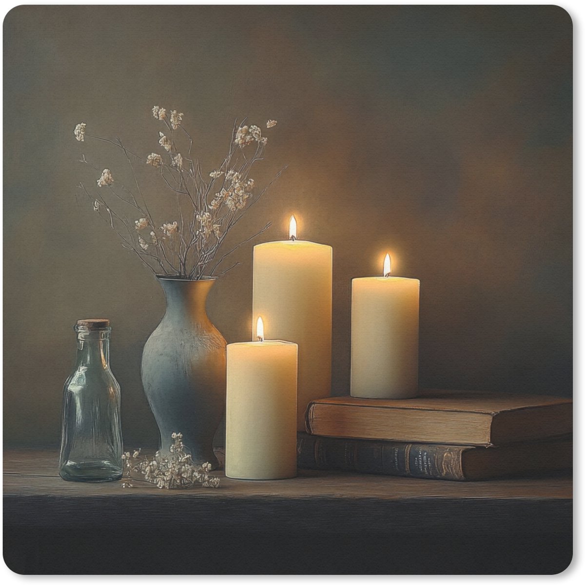 Muismat 20x20 cm - Mousepad Kaarsen - Stilleven - Rustiek - Boeken - Muismatten