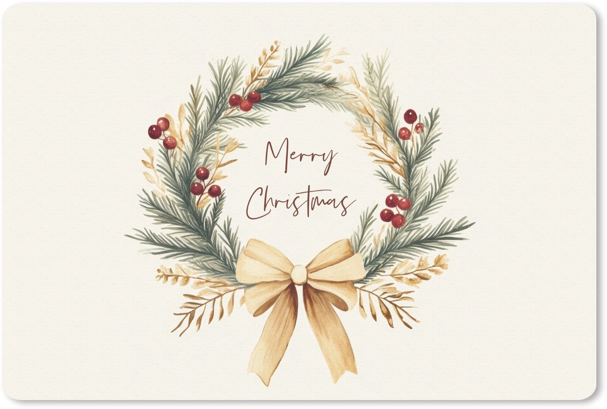 Muismat 27x18 cm - Mousepad Kerstkrans - Kerst - Goud - Beige - Muismatten