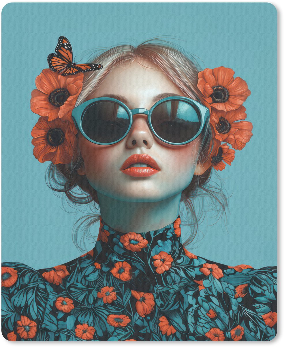 Muismat 19x23 cm - Mousepad Vrouw - Blauw - Vlinder - Bloemen - Aesthetic - Muismatten