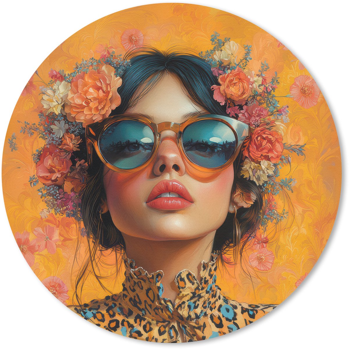 Muismat rond 50x50 cm - Mousepad Vrouw - Bloemen - Aesthetic - Oranje - Ronde muismatten