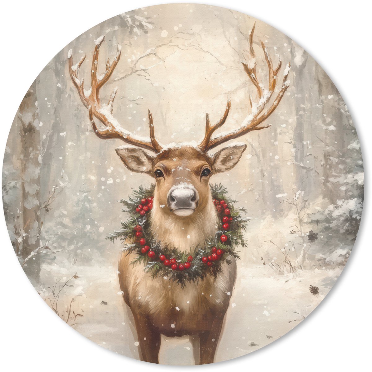 Muismat rond 20x20 cm - Mousepad Kerst - Rendier - Winter - Krans - Ronde muismatten