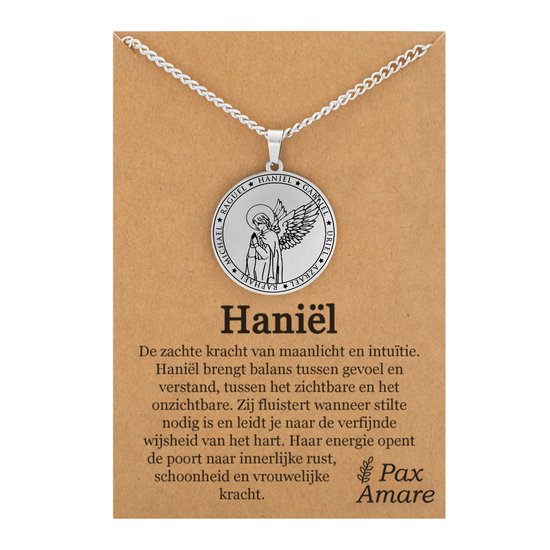 Aartsengel Haniël Ketting op Cadeau Kaartje - Zilverkleurig - Beschermengel Talisman / Medalion - Engelen Hanger - 60cm