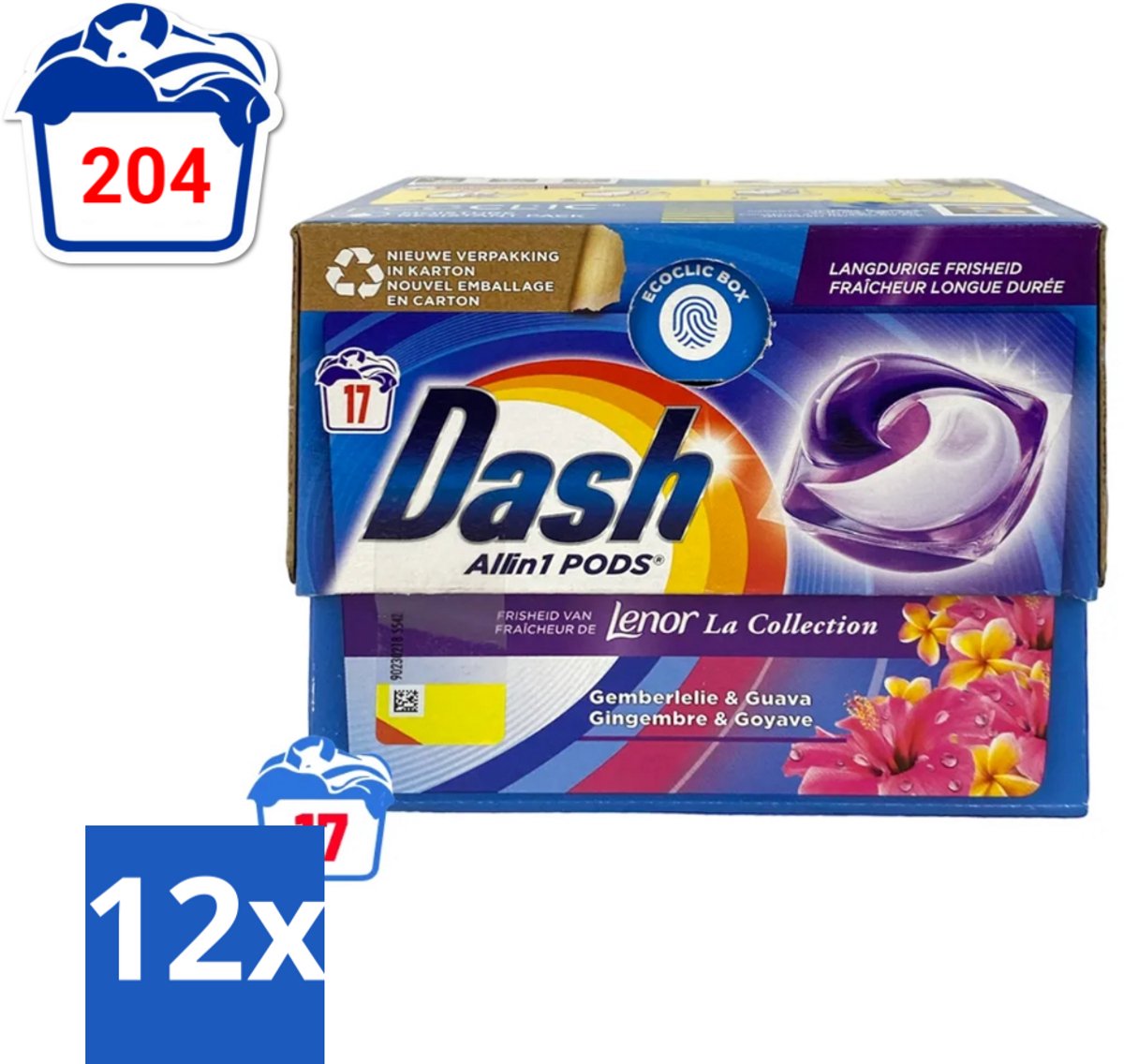 12 x Dash - Lenor Collectie - Wasmiddel Capsules - All-in-1 Pods - Witte en Gekleurde Was - Gemberlelie & Guava - 17 Wasbeurten - Wasmiddel Capsules - Waspoeder Capsules - Lenor Geur - Gemberlelie - Guava