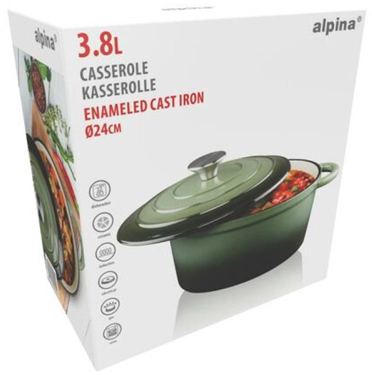 alpina Braadpan - Inductie met Deksel 3,8 L 24 cm - Gietijzeren