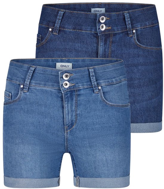 Twee blauwe skinny fit spijkerbroeken met dubbele knoopsluiting en rolmouwen.
