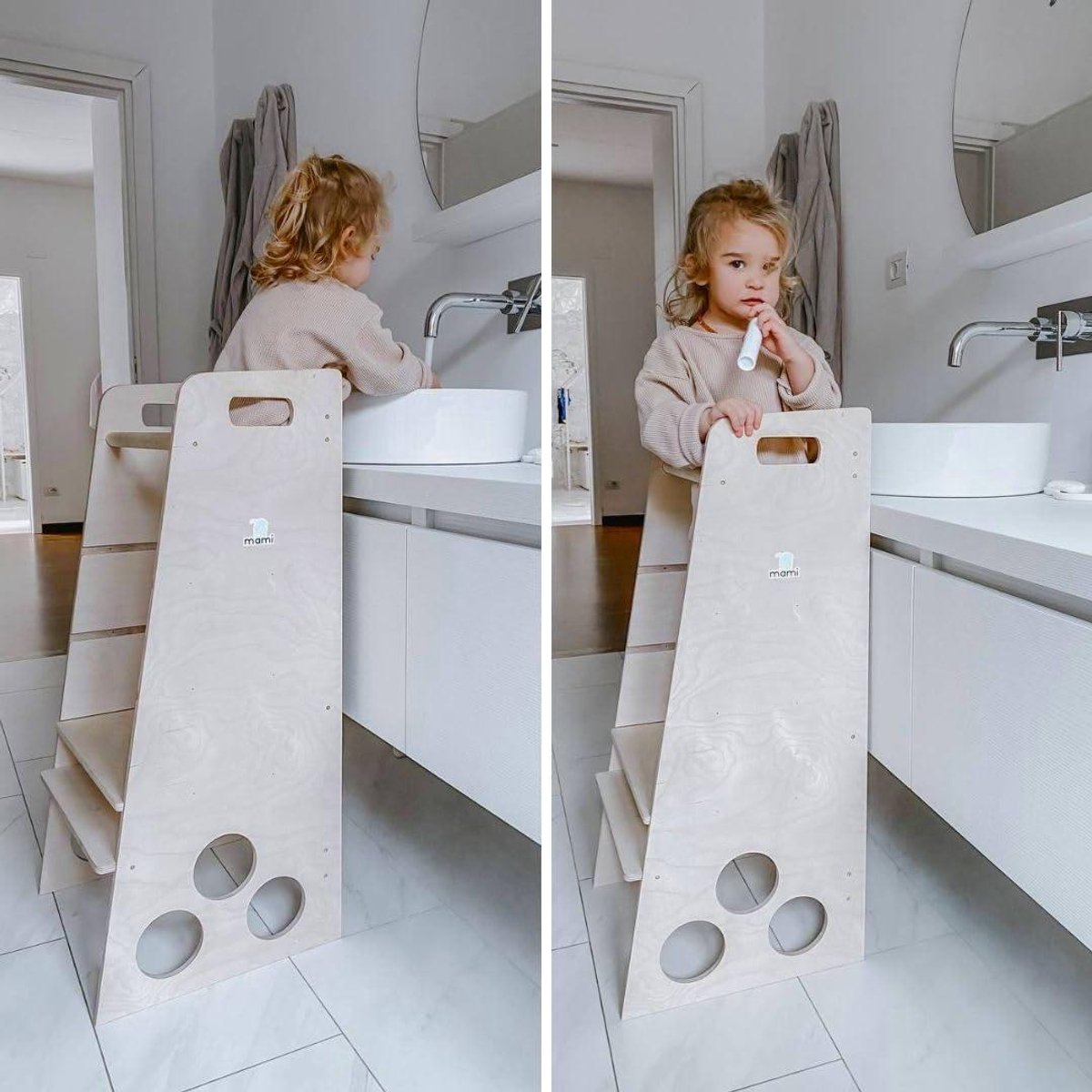 Leertoren van natuurlijk hout met bord voor kinderen van 2 tot 6 jaar - Kan worden omgezet in ladder, tafel of kinderkruk - Made in Italy