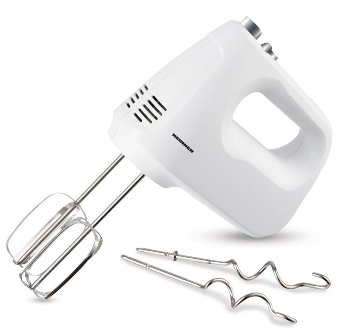 Heinner Handmixer – 250 W – 6 Snelheden + Turbo – RVS Kloppers & Deeghaken – Uitwerpknop – Wit