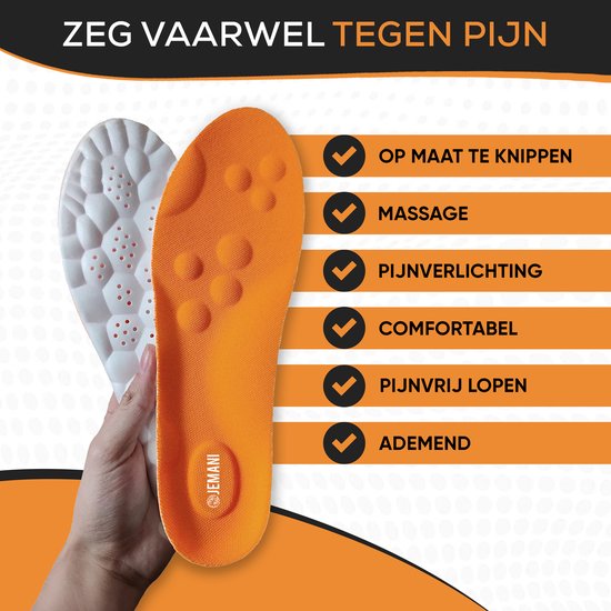Oranje en witte inlegzolen, deels bedekt door een hand. "Zeg vaarwel tegen pijn."