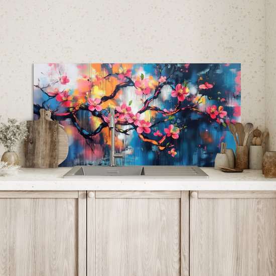 Spatscherm keuken 90x45 cm - Kookplaat achterwand Bloemen - Tak - Artistiek - Roze - Muurbeschermer - Spatwand fornuis - Hoogwaardig aluminium