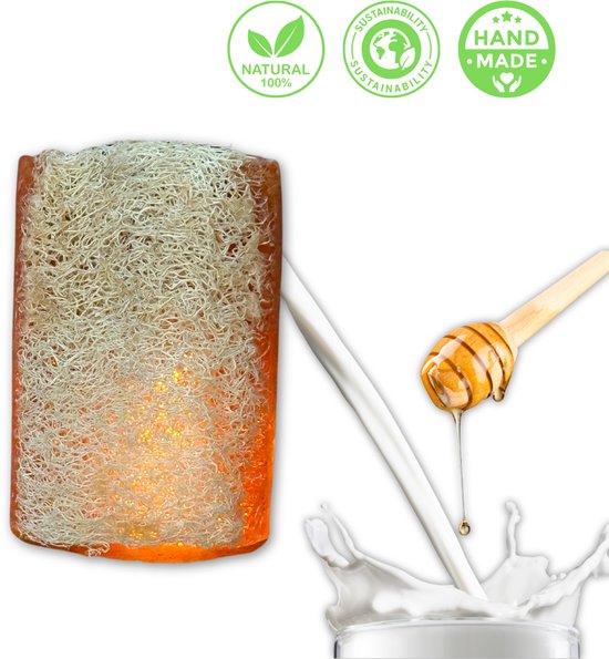 De Vitamineshop - Zeep - Natuurlijke Melk en Honing Zeep Blok met Luffa – 100% Natuurlijke & Handgemaakte Loofah Scrubzeep - Handzeep - Douchezeep - Cadeau - 120 gr