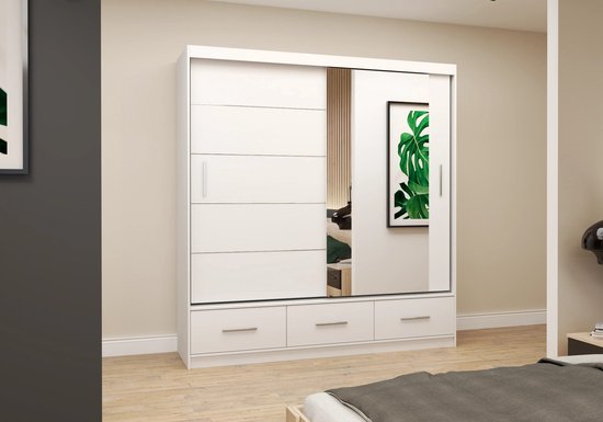 Armoire FLIX 200 cm - Armoire 2 portes coulissantes avec tiroirs et barres décoratives - Armoire moderne pour chambre (Wit)