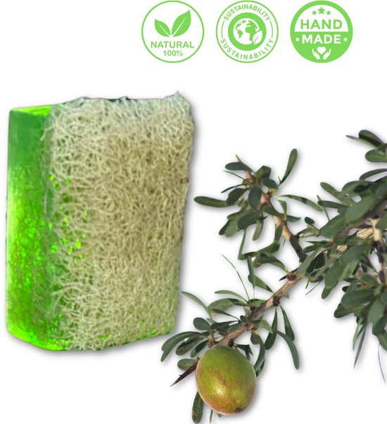 De Vitamineshop - Zeep - Natuurlijke Argan Zeep Blok met Luffa – 100% Natuurlijke & Handgemaakte Scrubzeep - Handzeep - Douchezeep - 120 gr