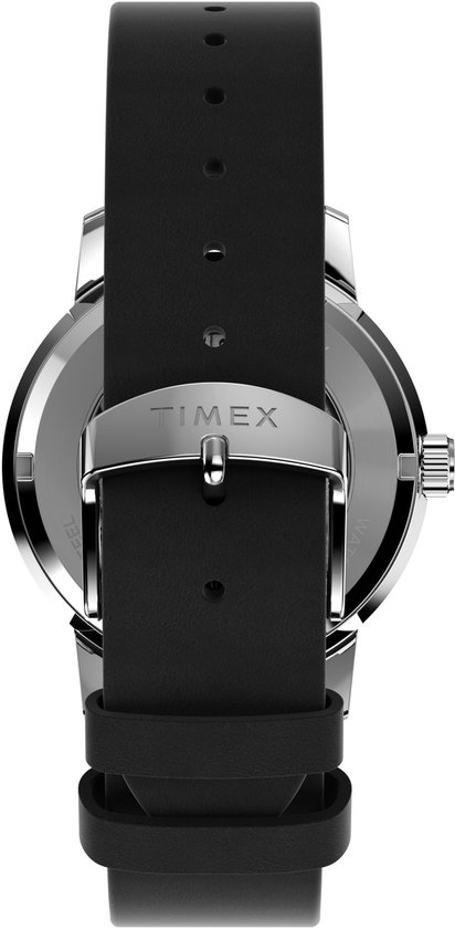Zwarte leren horlogeband met Timex gesp, zilverkleurige kast.