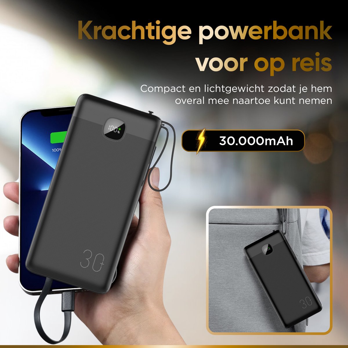 Afbeelding 2 van Golden Sound Volt Powerbank - 30.000 mAh - Snellader 22,5W - Powerbanks - USB-C, USB-A - Voor 2 apparaten tegelijk opladen - Noodpakket - Quick Charge met Led Display - Universele Powerbank