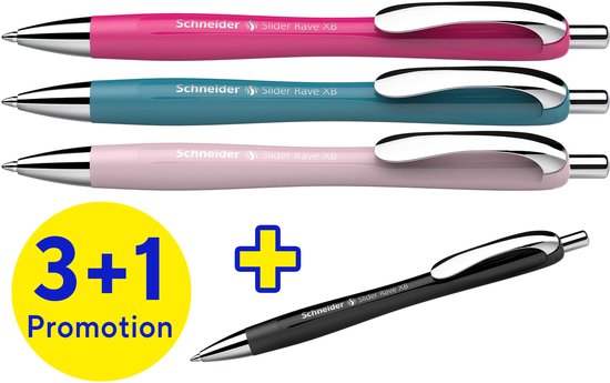 Stylo bille Schneider - Slider Rave Trend - plume XB - coffret assorti 3 + 1 offert - S-132564