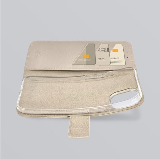 Étui téléphone crème style portefeuille ouvert, intérieur visible, 3 cartes et cadre transparent.