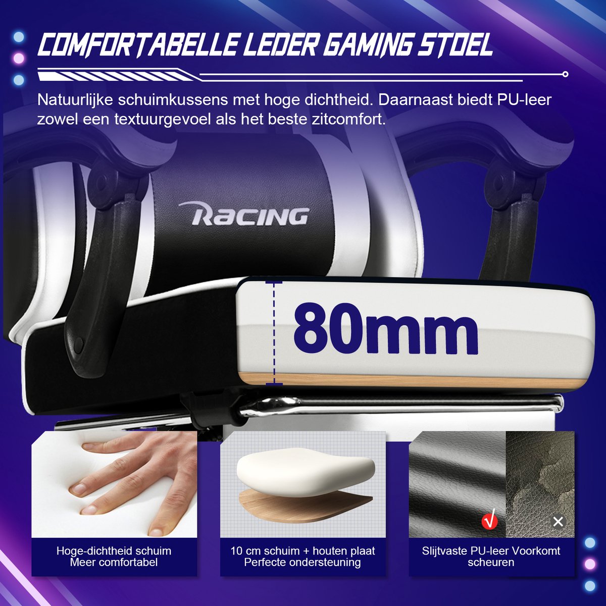 Elekiatech Gaming Stoel Model B Wit met Inklapbare - afbeelding 3