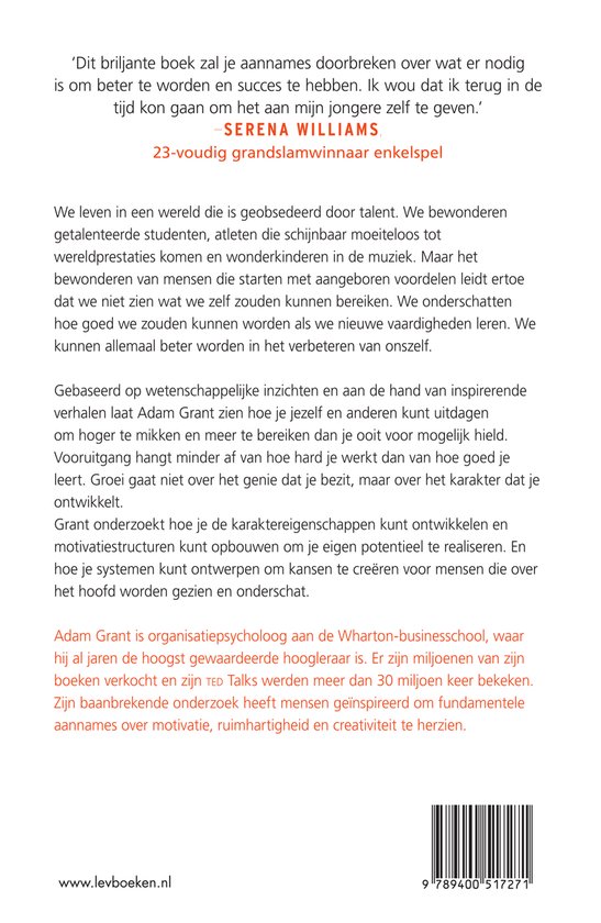 Achterkant van het boek 'Hidden Potential' van Adam Grant met tekst en barcode.