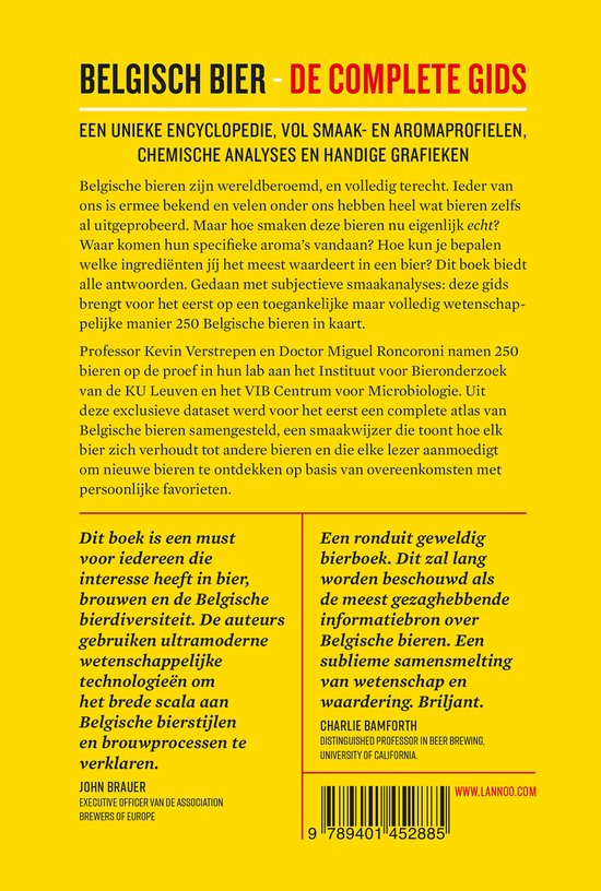 Boek met gele en oranje titel 'Belgisch Bier - De Complete Gids'. Tekst beschrijft een encyclopedie over Belgisch bier.