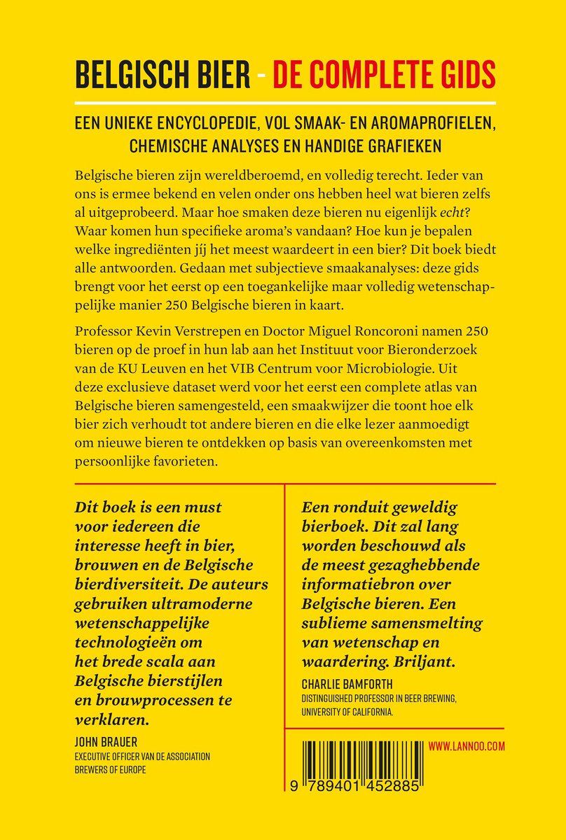 Boek met gele en oranje titel 'Belgisch Bier - De Complete Gids'. Tekst beschrijft een encyclopedie over Belgisch bier.