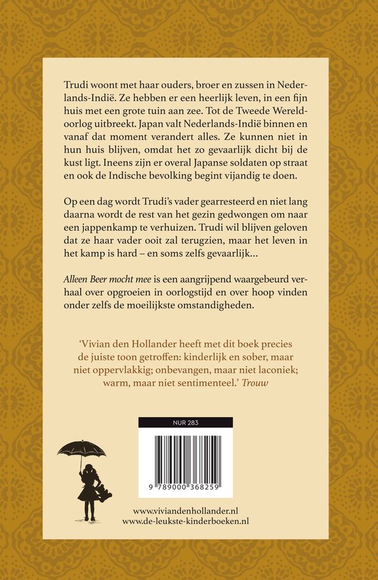 Boekcover met silhouette van een meisje met paraplu en teddybeer in de regen, tekst 'Alleen Beer mocht mee'