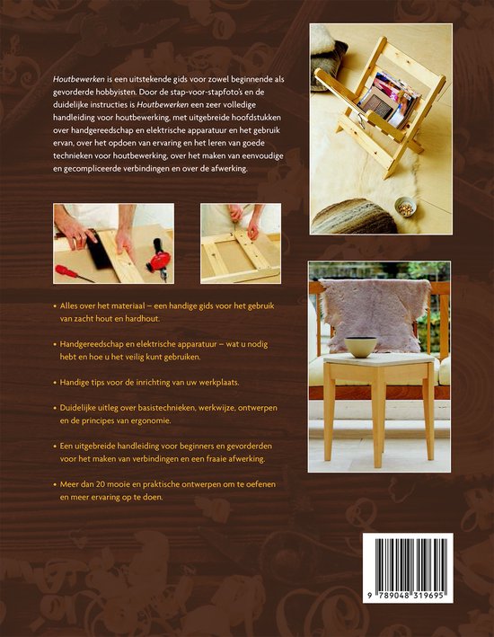Boek met uitleg over houtbewerking. Toont gereedschap, hout en afgewerkte projecten.