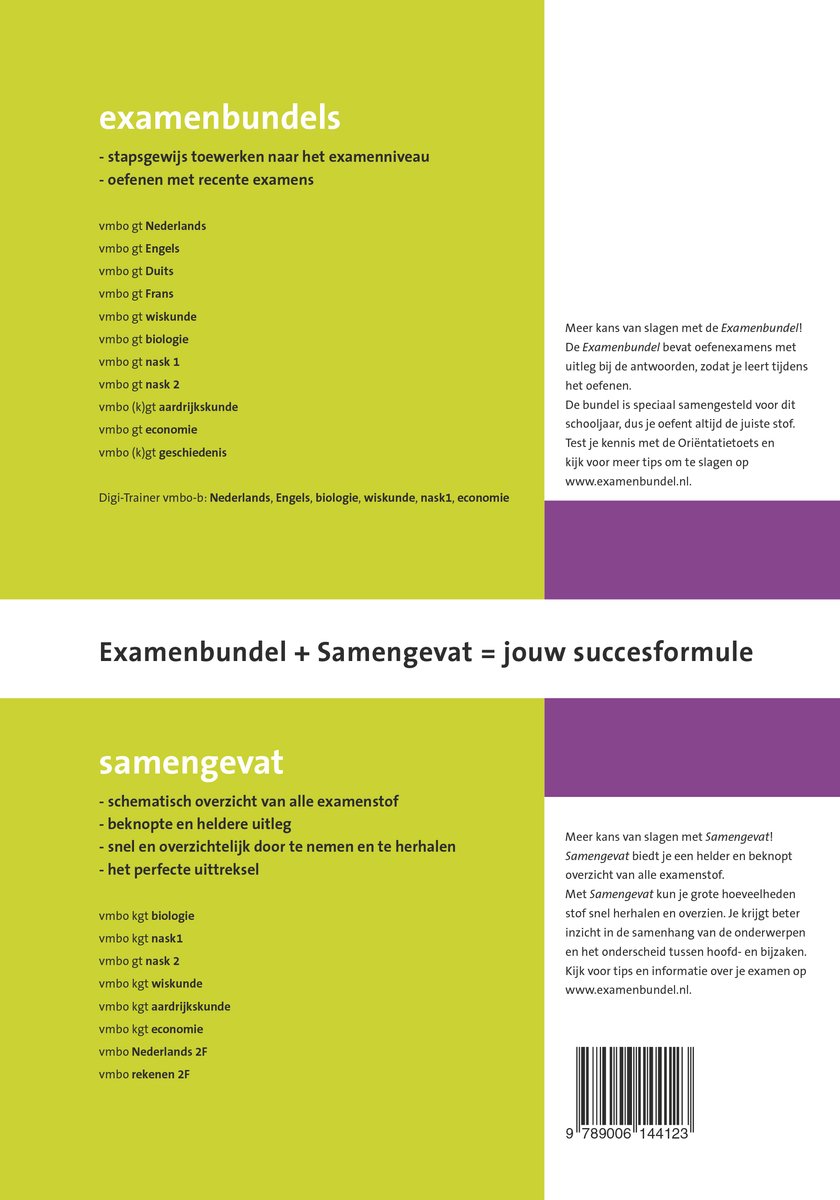 Blauwe en gele covers met titel en onderwerpen. Een deel heeft 'examenbundels', ander deel 'samengevat'.
