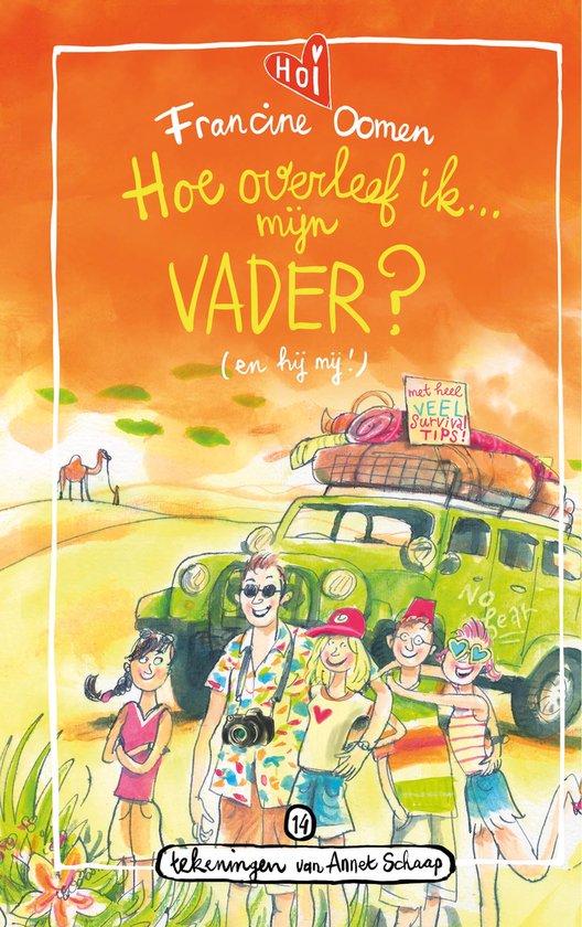 Boek "Hoe overleef ik mijn vader? (en hij mij?)" met een gezin voor een jeep, vol bagage, in een woestijnlandschap.