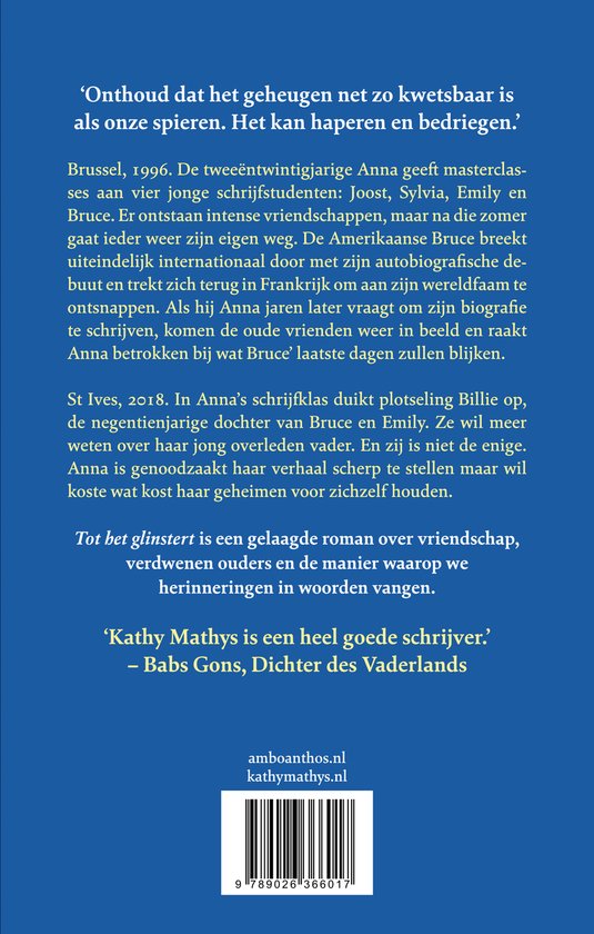 Achterkant van het boek 'Tot het glinstert' met tekst en een streepjescode.