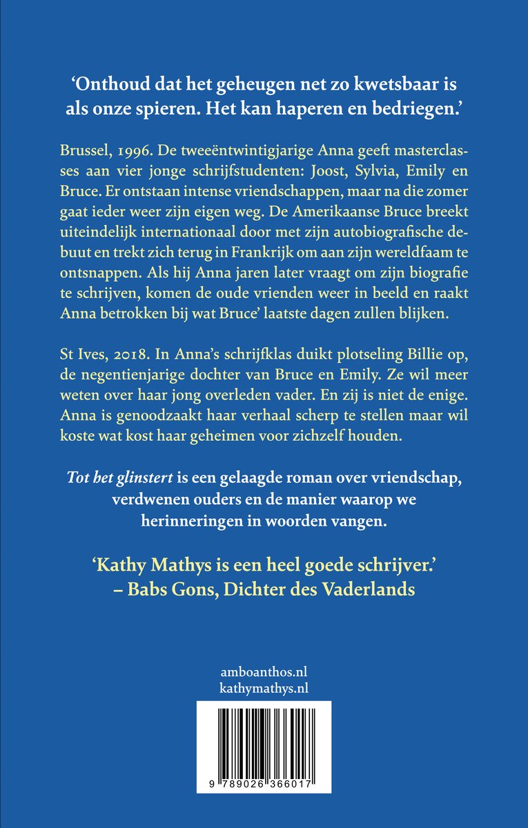 Achterkant van het boek 'Tot het glinstert' met tekst en een streepjescode.